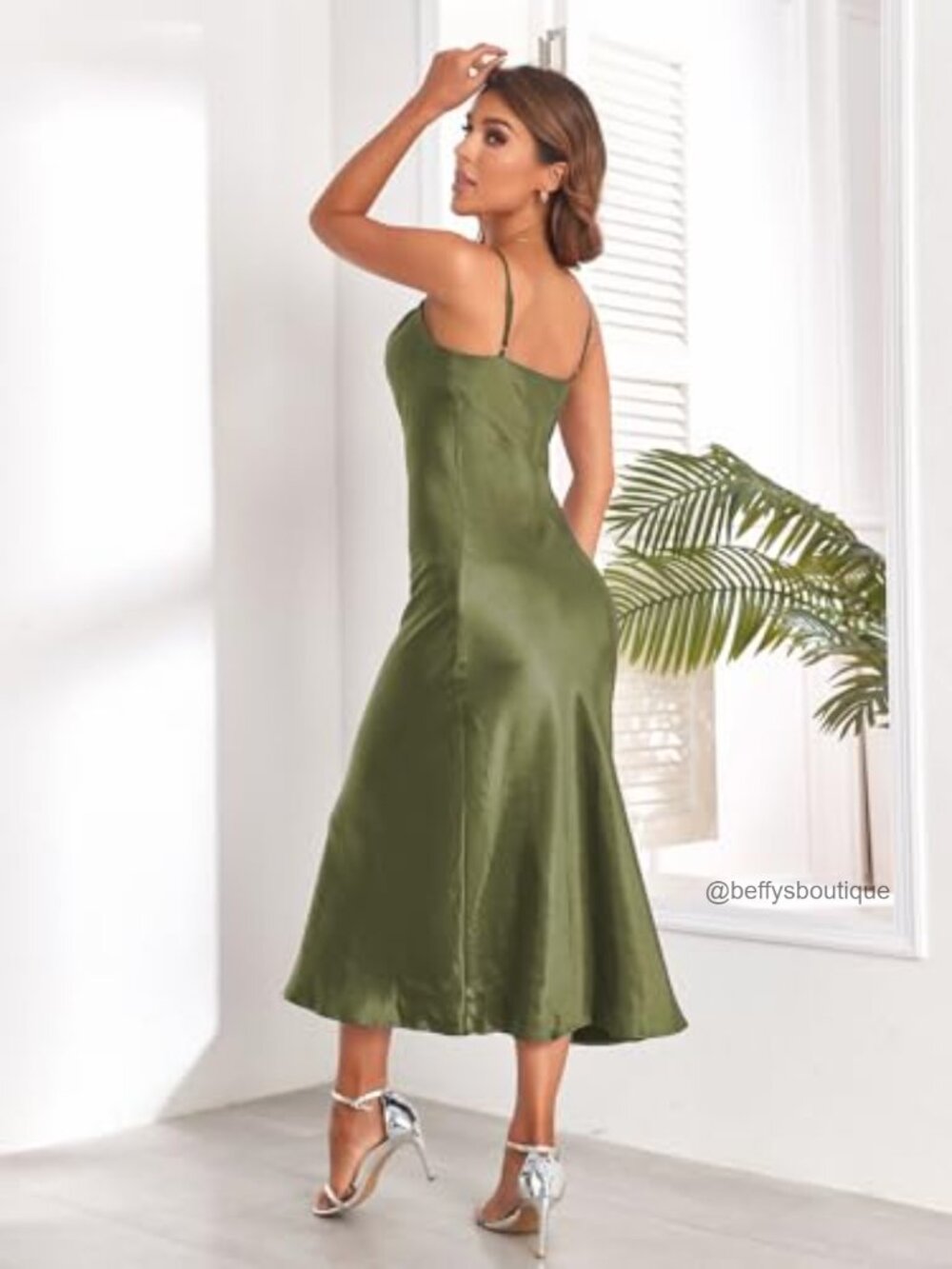 Spaghetti Strap Midi Satin Silk Cowl Neck Party Dress - Picture 5 of 7